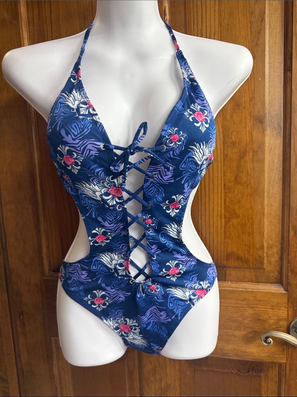 Girls Navy Floral Lace-Up One-Piece Swimsuit